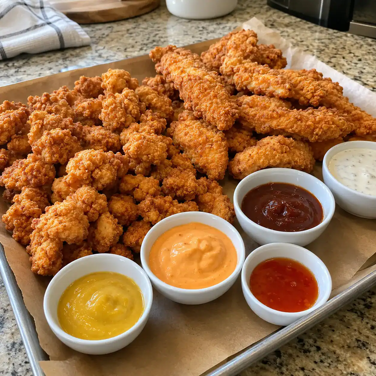 16. Popcorn Chicken or Tenders with a Dipping Sauce Flight
