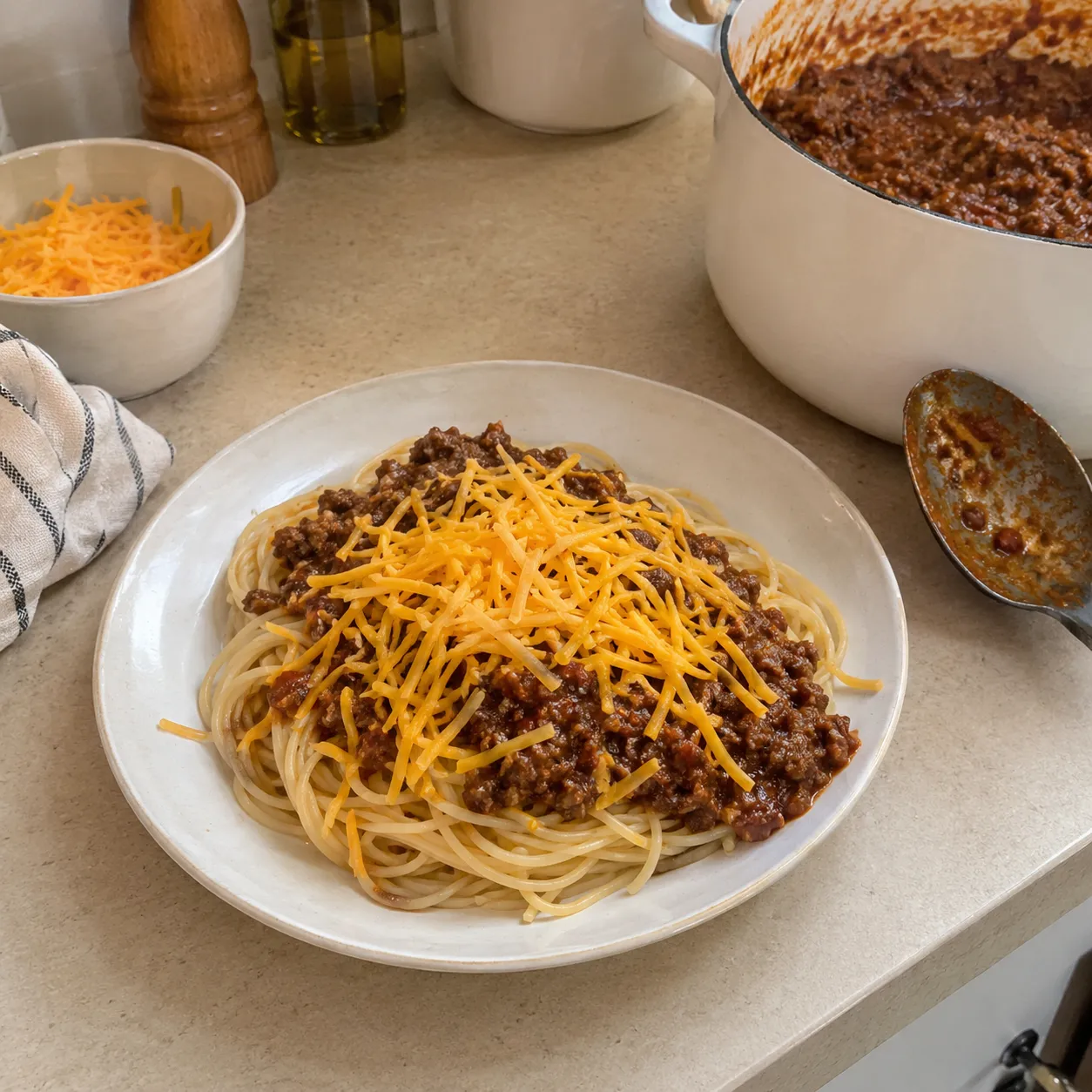 3. Cincinnati-Style Chili Over Spaghetti