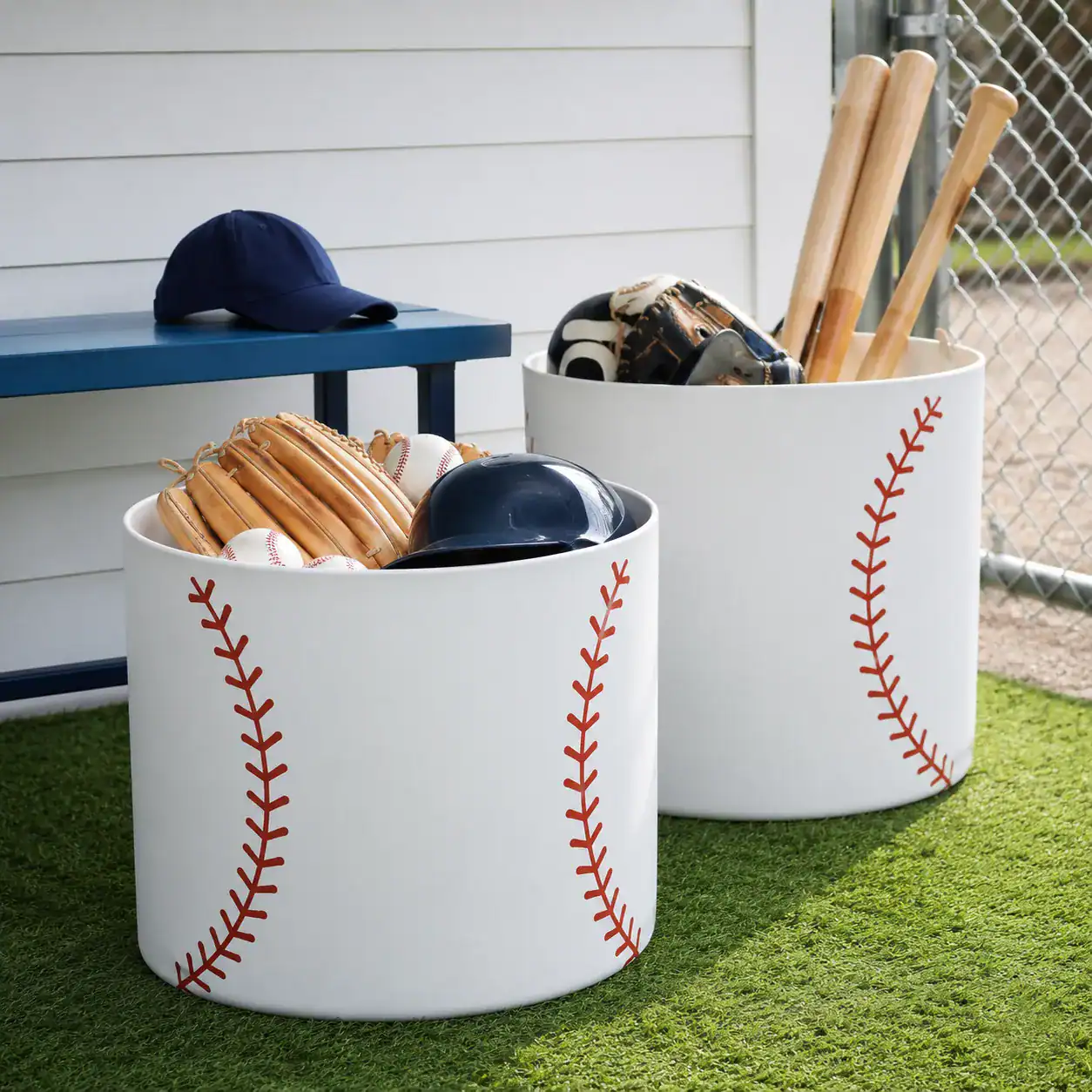 Giant baseballs from storage tubs